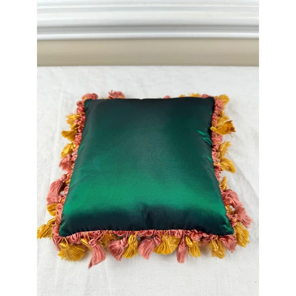 Vintage Green Jacquard Potpourri Pillow Tassel Fringe Satin Back Victorian 7x7